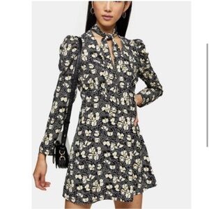 Topshop Floral Longsleeve Mini Dress Black Puff Sleeve Neck Tie Sz 8 Asthetic